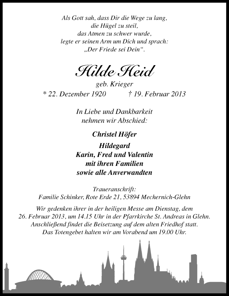  Traueranzeige für Hilde Heid vom 21.02.2013 aus Kölner Stadt-Anzeiger / Kölnische Rundschau / Express