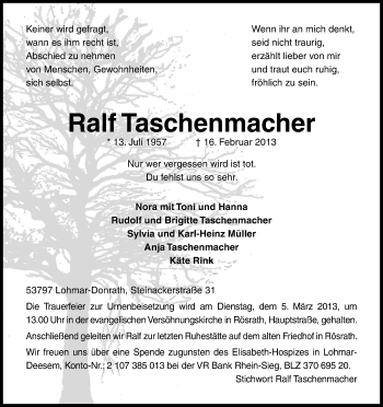 Anzeige von Ralf Taschenmacher von Kölner Stadt-Anzeiger / Kölnische Rundschau / Express