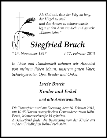 Anzeige von Siegfried Bruch von Kölner Stadt-Anzeiger / Kölnische Rundschau / Express