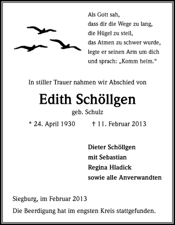 Anzeige von Edith Schöllgen von Kölner Stadt-Anzeiger / Kölnische Rundschau / Express