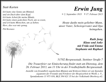 Anzeige von Erwin Jung von Kölner Stadt-Anzeiger / Kölnische Rundschau / Express
