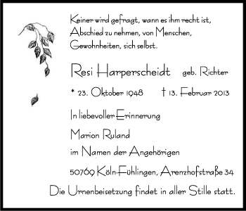 Anzeige von Resi Harperscheidt von Kölner Stadt-Anzeiger / Kölnische Rundschau / Express