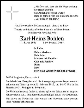 Anzeige von Karl-Heinz Bohlen von Kölner Stadt-Anzeiger / Kölnische Rundschau / Express