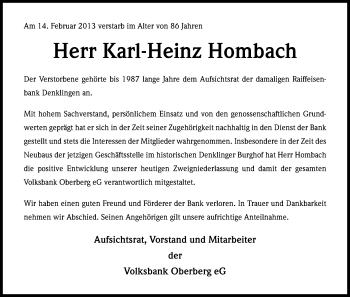 Anzeige von Karl-Heinz Hombach von Kölner Stadt-Anzeiger / Kölnische Rundschau / Express