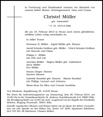 Anzeige von Christel Müller von Kölner Stadt-Anzeiger / Kölnische Rundschau / Express