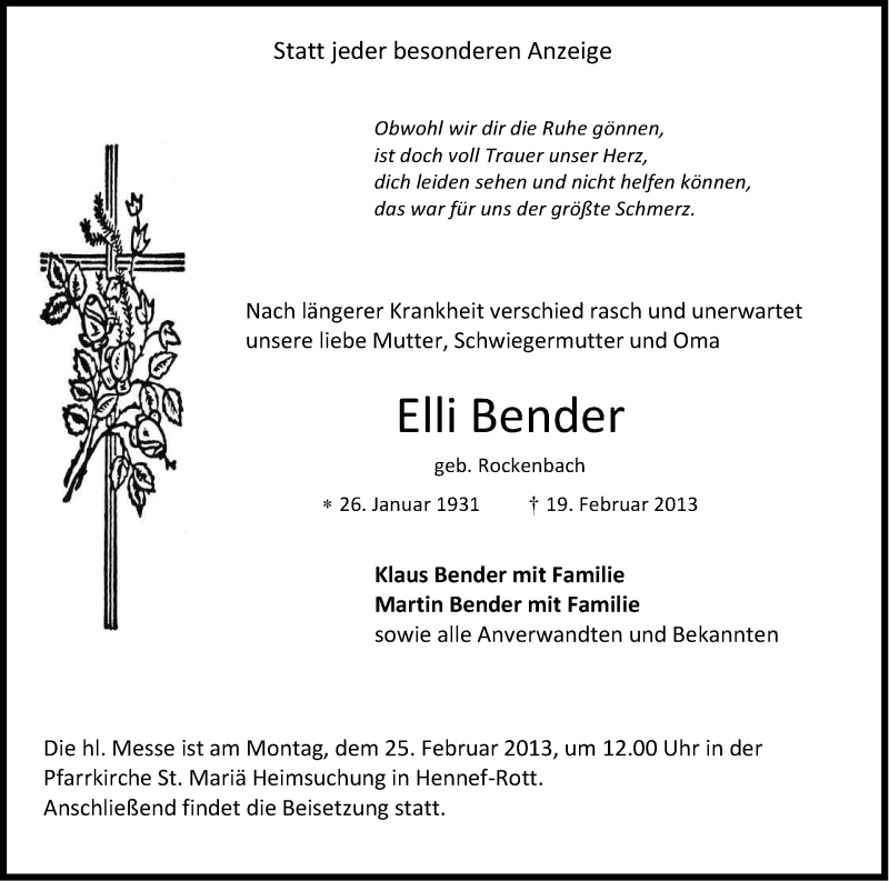 Traueranzeige für Elli Bender vom 21.02.2013 aus Kölner Stadt-Anzeiger / Kölnische Rundschau / Express
