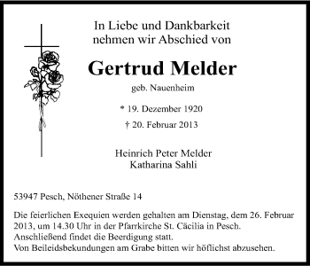 Anzeige von Gertrud Melder von Kölner Stadt-Anzeiger / Kölnische Rundschau / Express