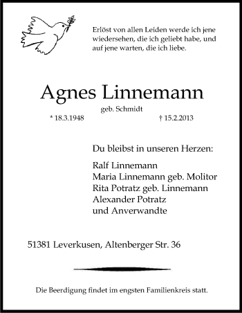 Anzeige von Agnes Linnemann von Kölner Stadt-Anzeiger / Kölnische Rundschau / Express