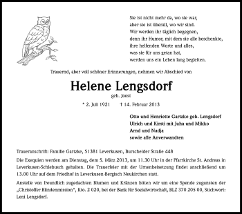 Anzeige von Helene Lengsdorf von Kölner Stadt-Anzeiger / Kölnische Rundschau / Express