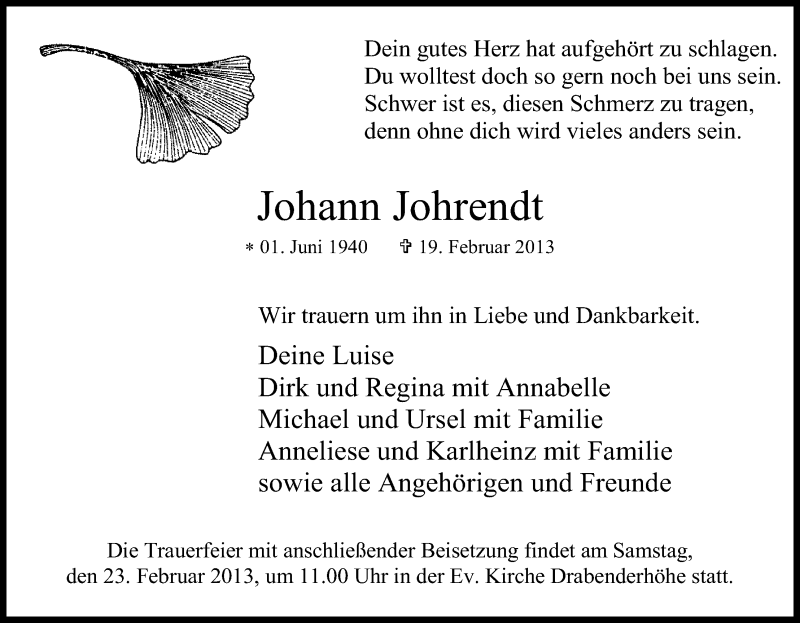  Traueranzeige für Johann Johrendt vom 21.02.2013 aus Kölner Stadt-Anzeiger / Kölnische Rundschau / Express