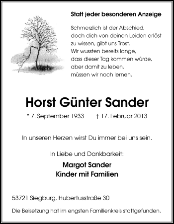 Anzeige von Horst Günter Sander von Kölner Stadt-Anzeiger / Kölnische Rundschau / Express