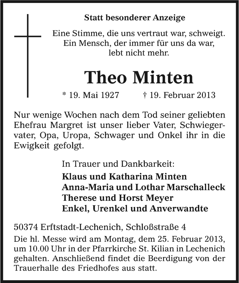  Traueranzeige für Theo Minten vom 21.02.2013 aus Kölner Stadt-Anzeiger / Kölnische Rundschau / Express