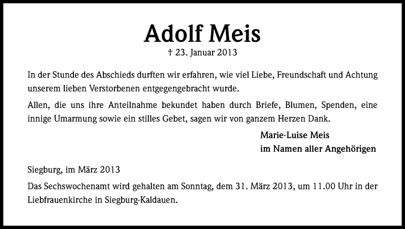  Traueranzeige für Adolf Meis vom 23.03.2013 aus Kölner Stadt-Anzeiger / Kölnische Rundschau / Express