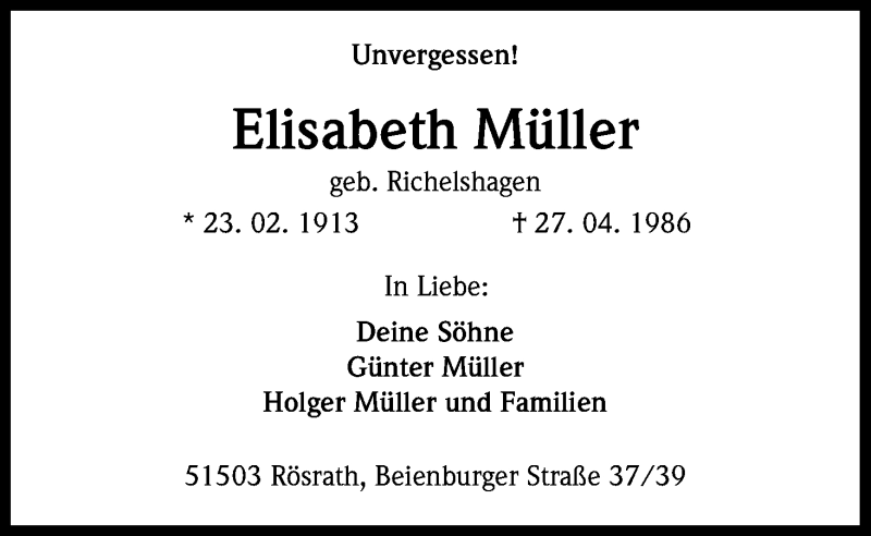  Traueranzeige für Elisabeth Müller vom 23.02.2013 aus Kölner Stadt-Anzeiger / Kölnische Rundschau / Express