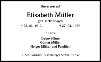 Anzeige von Elisabeth Müller von Kölner Stadt-Anzeiger / Kölnische Rundschau / Express