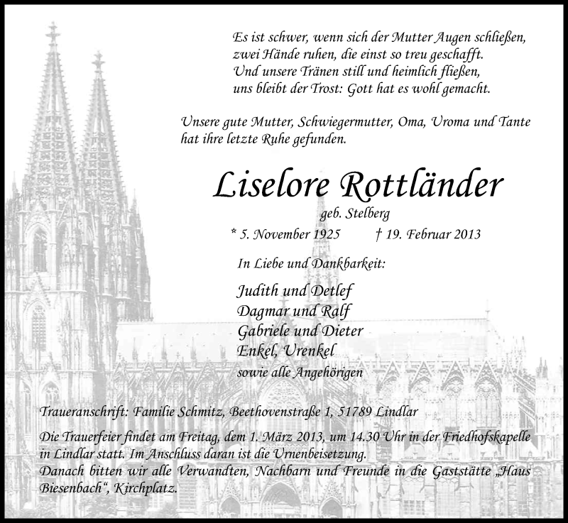  Traueranzeige für Liselore Rottländer vom 23.02.2013 aus Kölner Stadt-Anzeiger / Kölnische Rundschau / Express