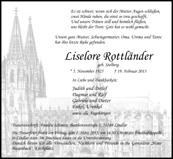 Anzeige von Liselore Rottländer von Kölner Stadt-Anzeiger / Kölnische Rundschau / Express