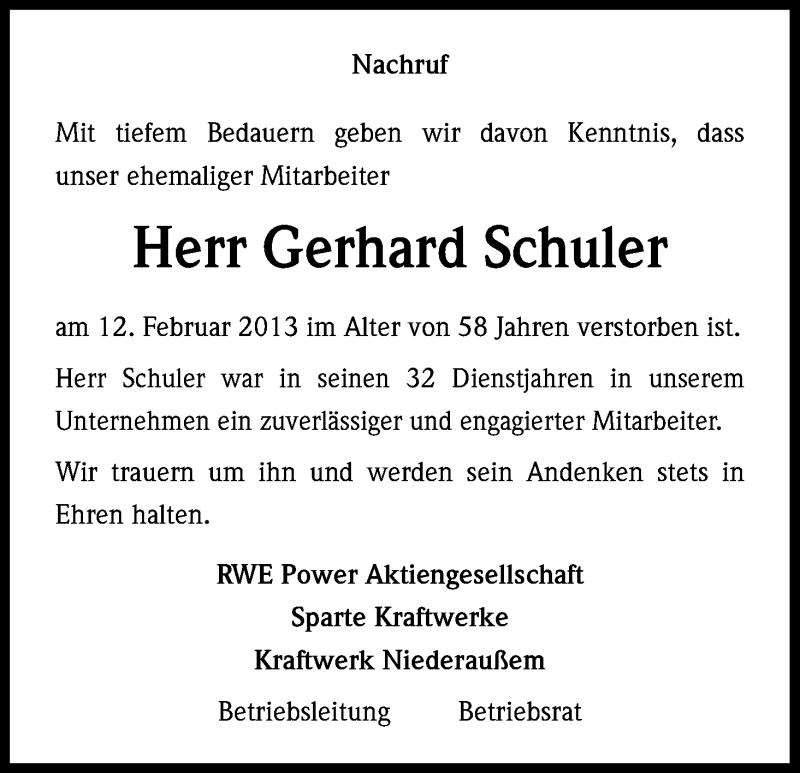  Traueranzeige für Gerhard Schuler vom 21.02.2013 aus Kölner Stadt-Anzeiger / Kölnische Rundschau / Express