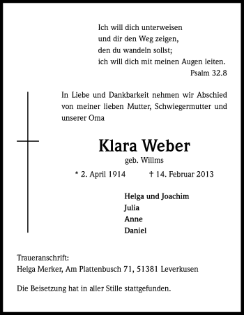 Anzeige von Klara Weber von Kölner Stadt-Anzeiger / Kölnische Rundschau / Express