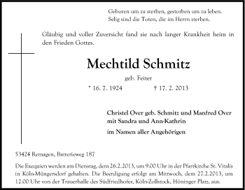 Anzeige von Mechtild Schmitz von Kölner Stadt-Anzeiger / Kölnische Rundschau / Express