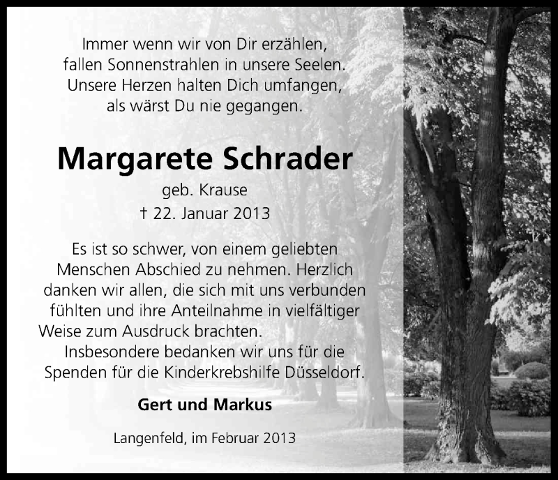  Traueranzeige für Margarete Schrader vom 22.02.2013 aus Kölner Stadt-Anzeiger / Kölnische Rundschau / Express