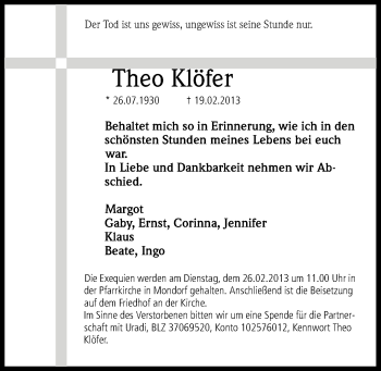 Anzeige von Theo Klöfer von Kölner Stadt-Anzeiger / Kölnische Rundschau / Express