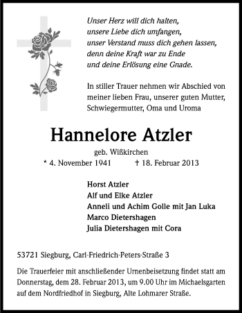 Anzeige von Hannelore Atzler von Kölner Stadt-Anzeiger / Kölnische Rundschau / Express