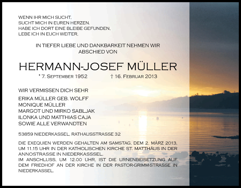 Traueranzeige für Hermann-Josef Müller vom 23.02.2013 aus Kölner Stadt-Anzeiger / Kölnische Rundschau / Express