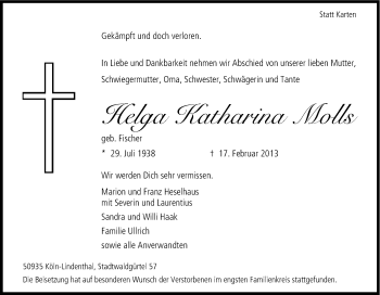 Anzeige von Helga Katharina Molls von Kölner Stadt-Anzeiger / Kölnische Rundschau / Express