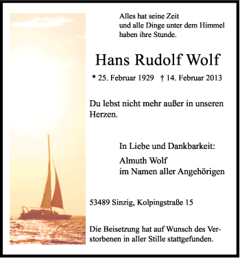 Anzeige von Hans Rudolf Wolf von Kölner Stadt-Anzeiger / Kölnische Rundschau / Express