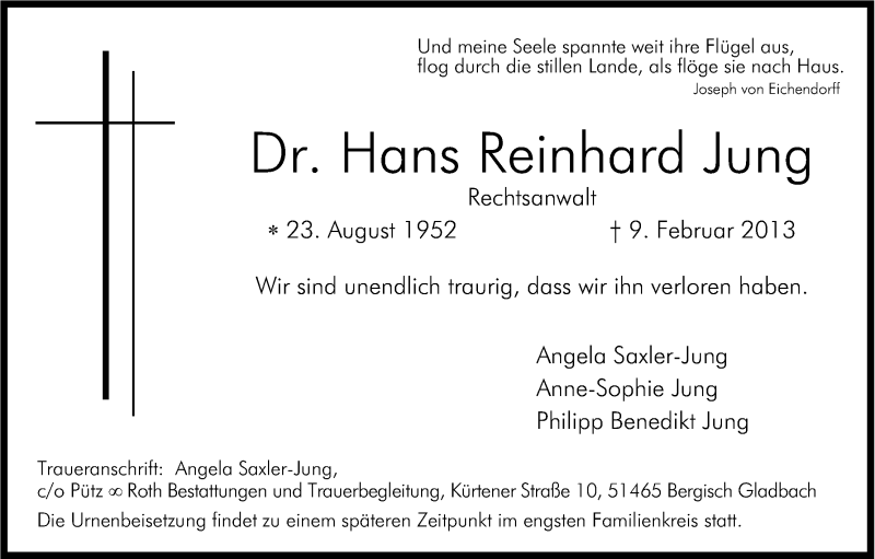  Traueranzeige für Hans Reinhard Jung vom 23.02.2013 aus Kölner Stadt-Anzeiger / Kölnische Rundschau / Express