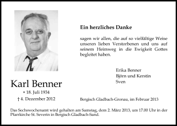 Anzeige von Karl Benner von Kölner Stadt-Anzeiger / Kölnische Rundschau / Express