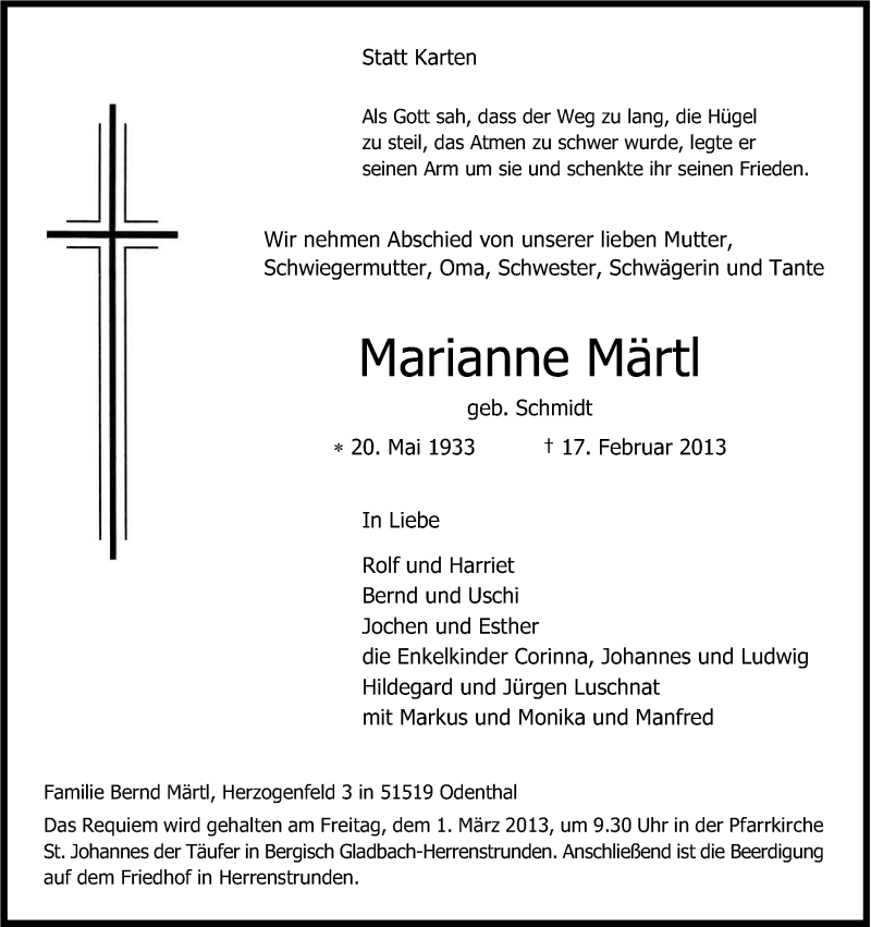  Traueranzeige für Marianne Märtl vom 23.02.2013 aus Kölner Stadt-Anzeiger / Kölnische Rundschau / Express