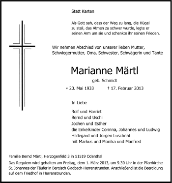 Anzeige von Marianne Märtl von Kölner Stadt-Anzeiger / Kölnische Rundschau / Express