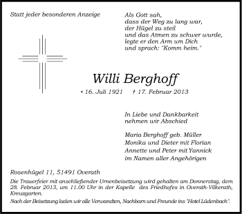 Anzeige von Willi Berghoff von Kölner Stadt-Anzeiger / Kölnische Rundschau / Express