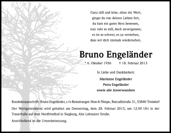 Anzeige von Bruno Engeländer von Kölner Stadt-Anzeiger / Kölnische Rundschau / Express