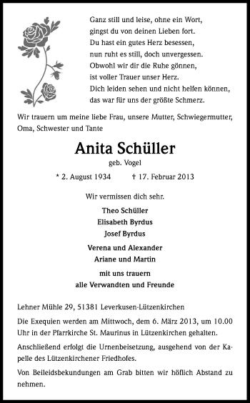 Anzeige von Anita Schüller von Kölner Stadt-Anzeiger / Kölnische Rundschau / Express