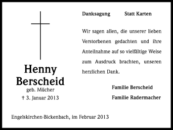 Anzeige von Henny Berscheid von Kölner Stadt-Anzeiger / Kölnische Rundschau / Express