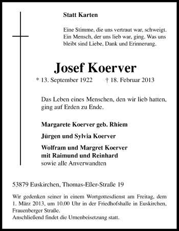 Anzeige von Josef Koerver von Kölner Stadt-Anzeiger / Kölnische Rundschau / Express