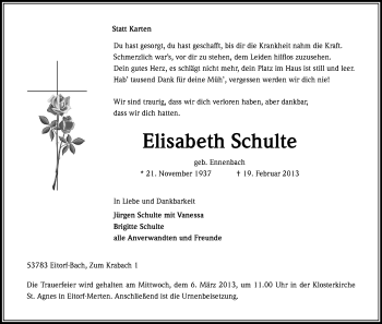 Anzeige von Elisabeth Schulte von Kölner Stadt-Anzeiger / Kölnische Rundschau / Express