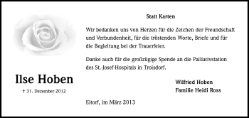 Anzeige von Ilse Hoben von Kölner Stadt-Anzeiger / Kölnische Rundschau / Express