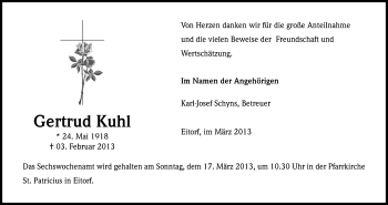 Anzeige von Gertrud Kuhl von Kölner Stadt-Anzeiger / Kölnische Rundschau / Express