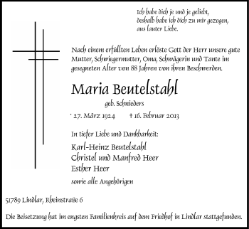 Anzeige von Maria Beutelstah von Kölner Stadt-Anzeiger / Kölnische Rundschau / Express