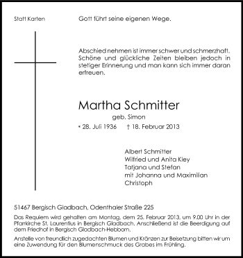 Anzeige von Martha Schmitter von Kölner Stadt-Anzeiger / Kölnische Rundschau / Express