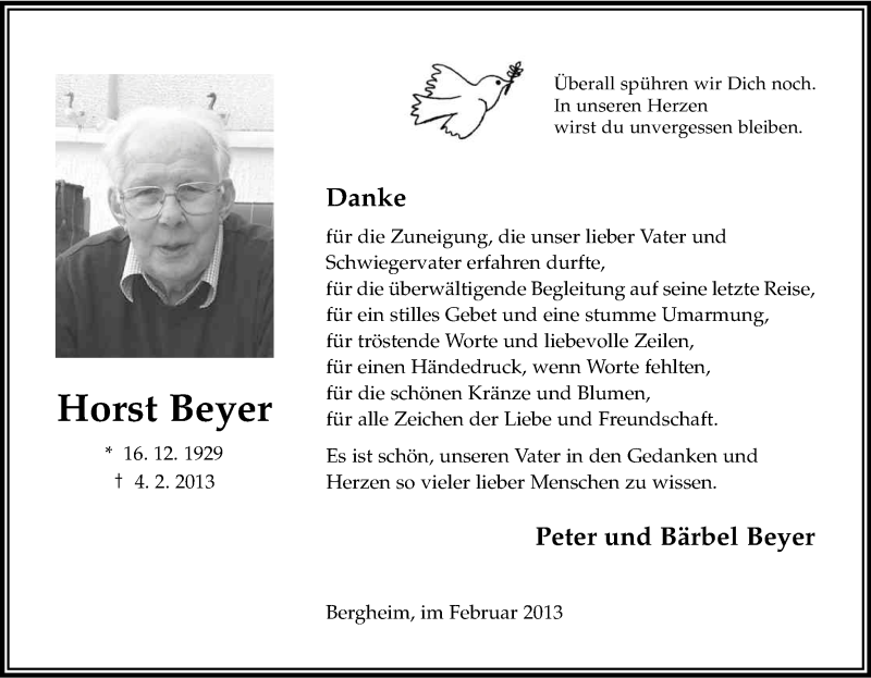  Traueranzeige für Horst Beyer vom 23.02.2013 aus Kölner Stadt-Anzeiger / Kölnische Rundschau / Express