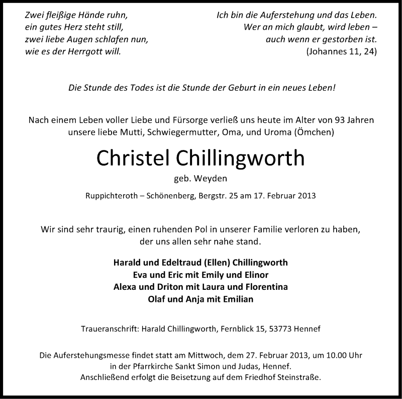 Traueranzeige für Christel Chillingworth vom 22.02.2013 aus Kölner Stadt-Anzeiger / Kölnische Rundschau / Express