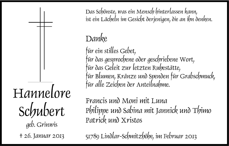  Traueranzeige für Hannelore Schubert vom 23.02.2013 aus Kölner Stadt-Anzeiger / Kölnische Rundschau / Express
