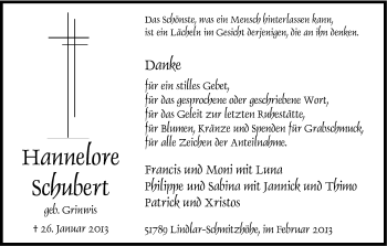 Anzeige von Hannelore Schubert von Kölner Stadt-Anzeiger / Kölnische Rundschau / Express