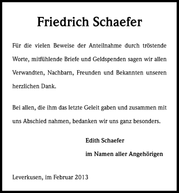 Anzeige von Friedrich Schaefer von Kölner Stadt-Anzeiger / Kölnische Rundschau / Express