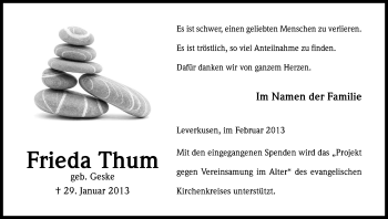 Anzeige von Frieda Thum von Kölner Stadt-Anzeiger / Kölnische Rundschau / Express